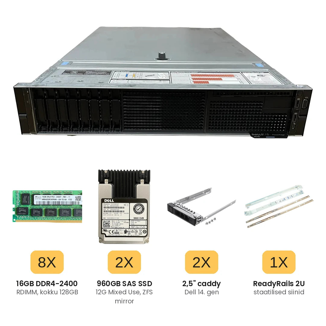Proxmox komplekt: Dell R740 8SFF, 2x Xeon Gold 6152, 8x 16GB DDR4, 2x 960GB SAS SSD, caddyd ja siinid