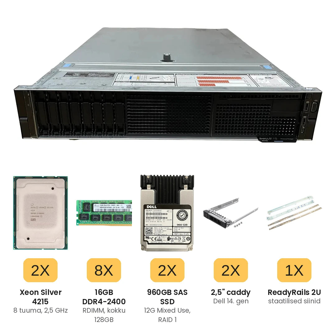 Windows Server komplekt: Dell R740 8SFF, 2x Xeon Silver 4215, 8x 16GB DDR4, 2x 960GB SAS SSD, caddyd ja siinid